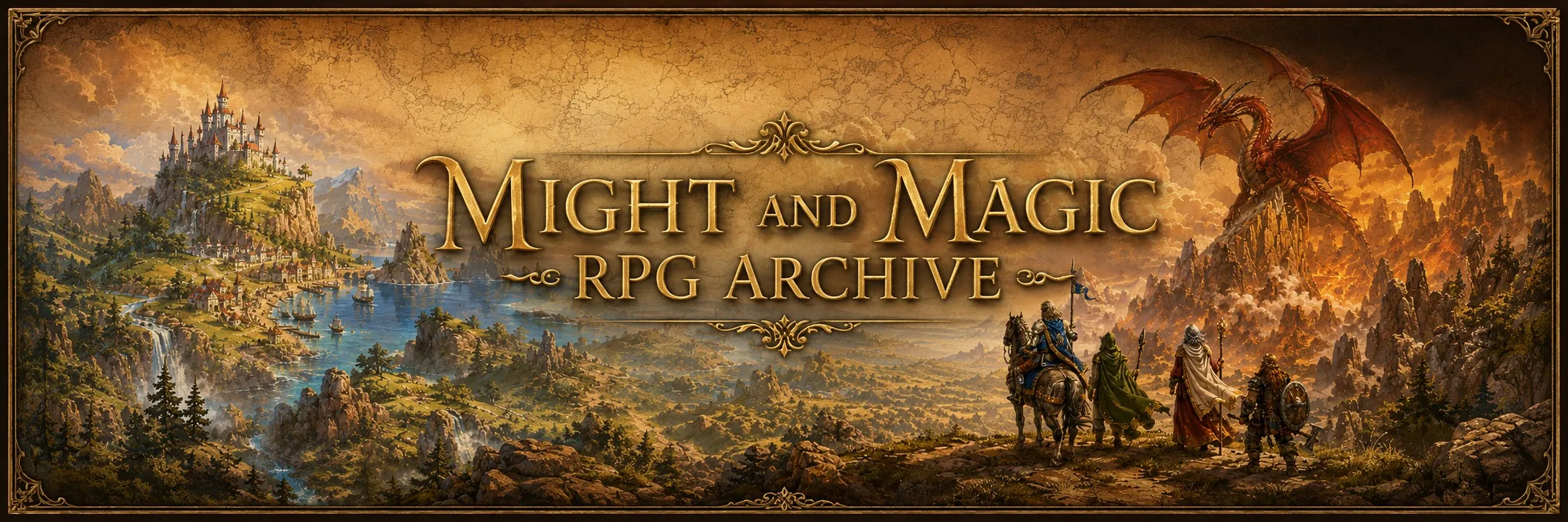 A panoramic fantasy world with a castle, sea, adventuring party and dragon