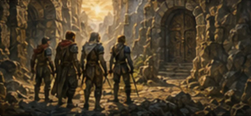 An adventuring party before a dungeon entrance
