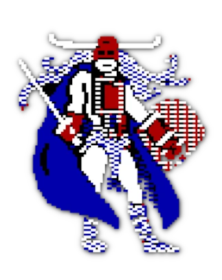 A pixel-art warrior in blue and red armor, holding a sword and shield