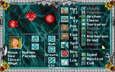 The Character Creation screen