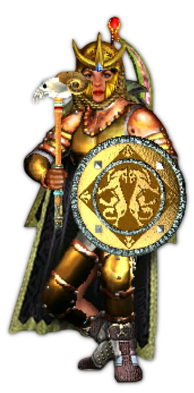 Bohaterka Might and Magic VI w złotej zbroi, z tarczą i laską zwieńczoną czaszką
